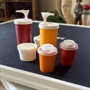 Tupperware Red, Orange & White Dispensing Cups with Pump and Lids w/ Salt & Pepp